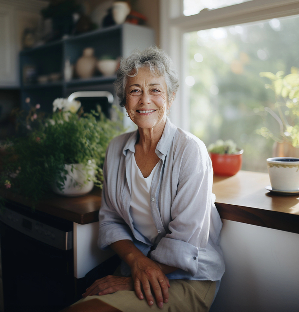 Smiling middle aged woman sitting on sofa at home, single mature senior in living room
