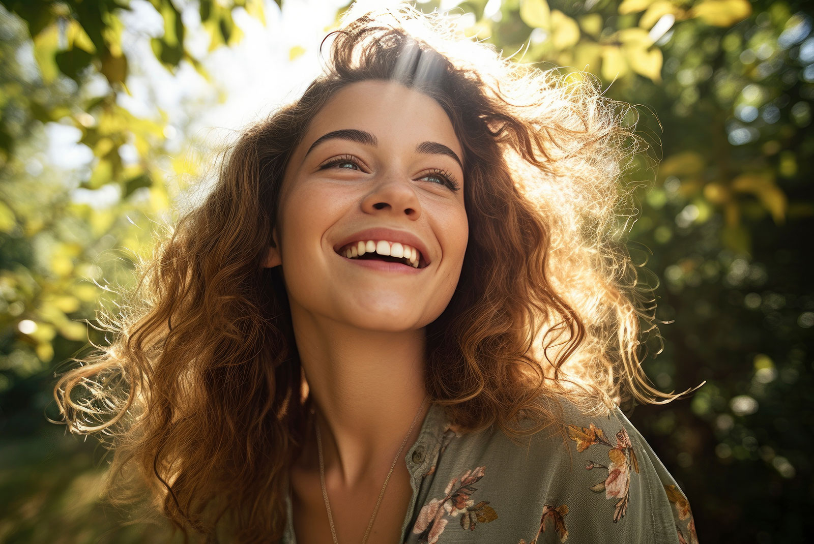 portrait of a woman with sunlight flare and nature , Their smiling faces reflect the joy of blissful scene