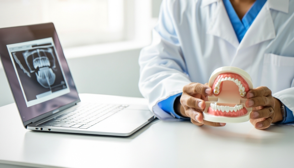Dentist and patient discussing emergency dental care options.