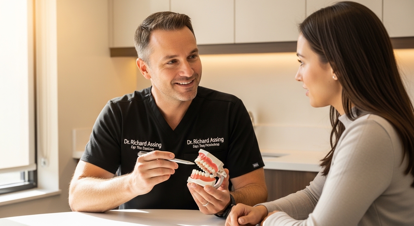 Patient consulting with a dentist in a modern dental office